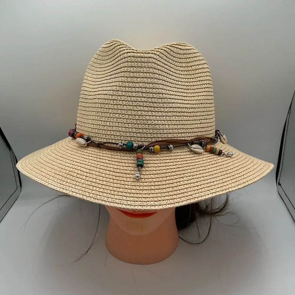 Beige Straw Fedora with Beaded Band